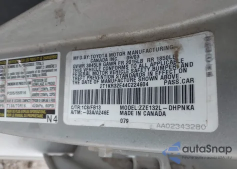 2004 Toyota Matrix Xr из США, поврежденный, VIN 2T1KR32E44C224604